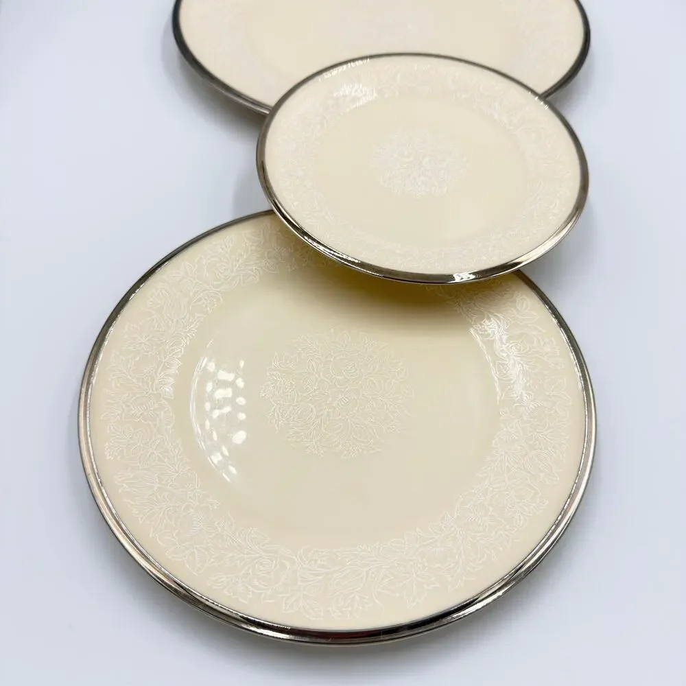 Lenox Moonspun China Platinum Trim 3pc Plate Set Dinner, Salad Bread